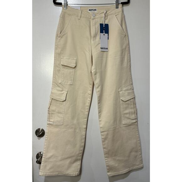 Bayeas High Rise Wide Leg Beige Cargo Jeans Size 26 NWT Stretchy Utility - Picture 2 of 14